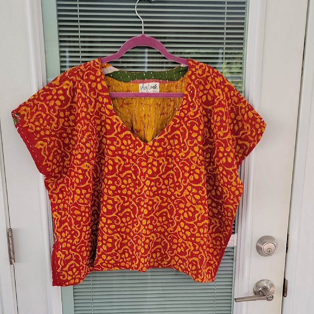 Red & Yellow Printed V-Neck Women's Top